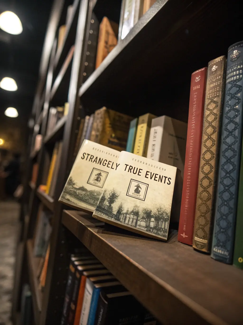 A collection of books related to declassified CIA experiments and unsolved historical mysteries, all featuring a 'Strangely True Events' branded bookmark. The books are arranged on a shelf with a dark, shadowy background.