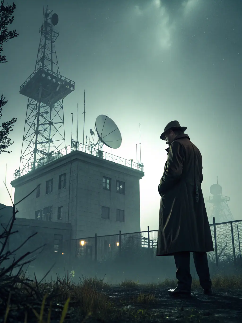 A book cover depicting a shadowy figure standing in front of the Montauk Air Force Station, with a focus on the eerie atmosphere and conspiracy theories.