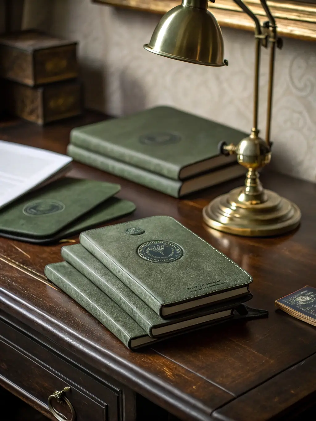 A stack of 'Declassified' notebooks with a military green cover and the Strangely True Events logo embossed on the front. The notebooks are arranged on a dark wooden desk with a vintage lamp casting a dim light.