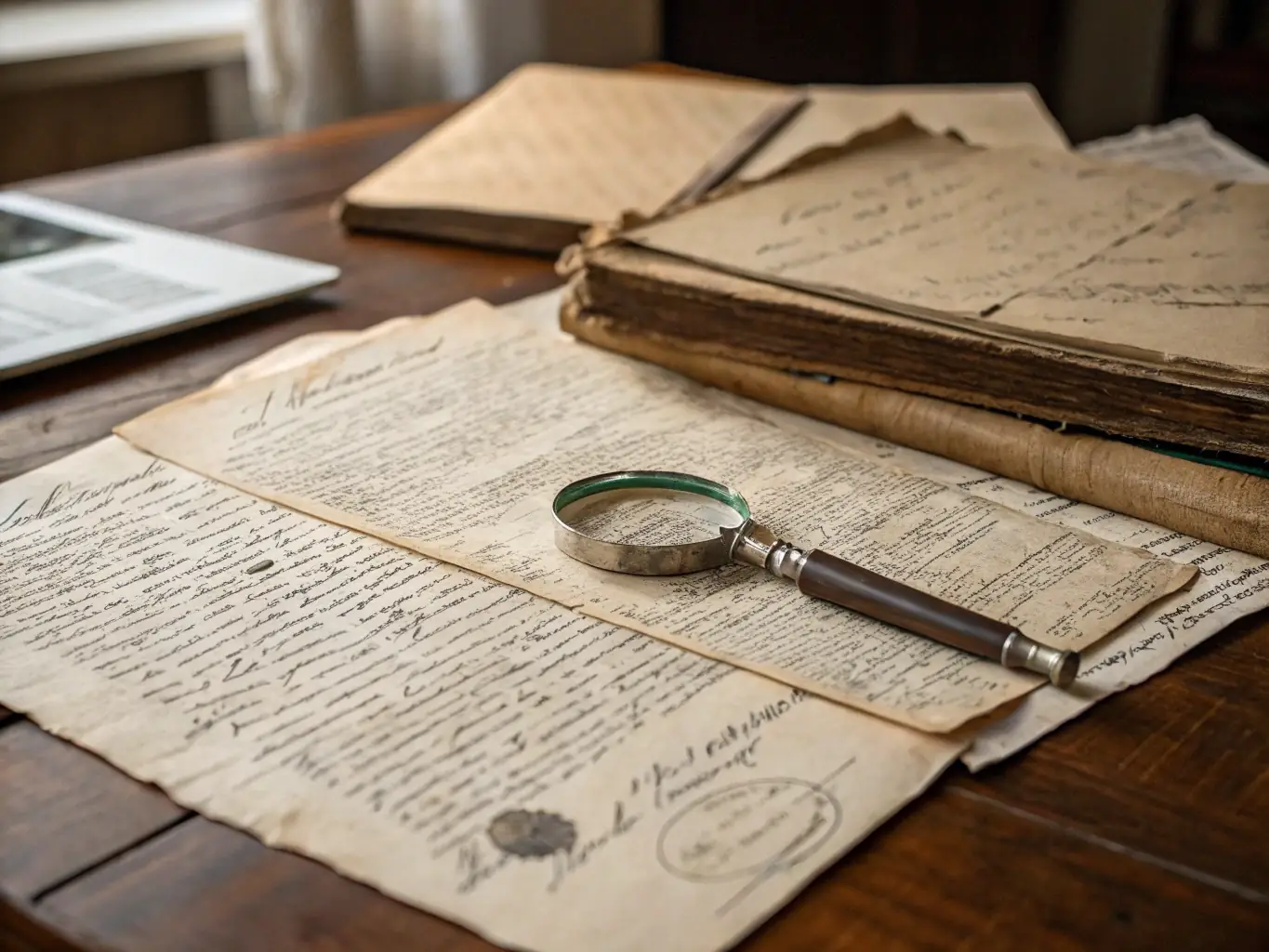 An image of a stack of old, weathered documents with a magnifying glass on top, symbolizing the process of uncovering historical secrets.
