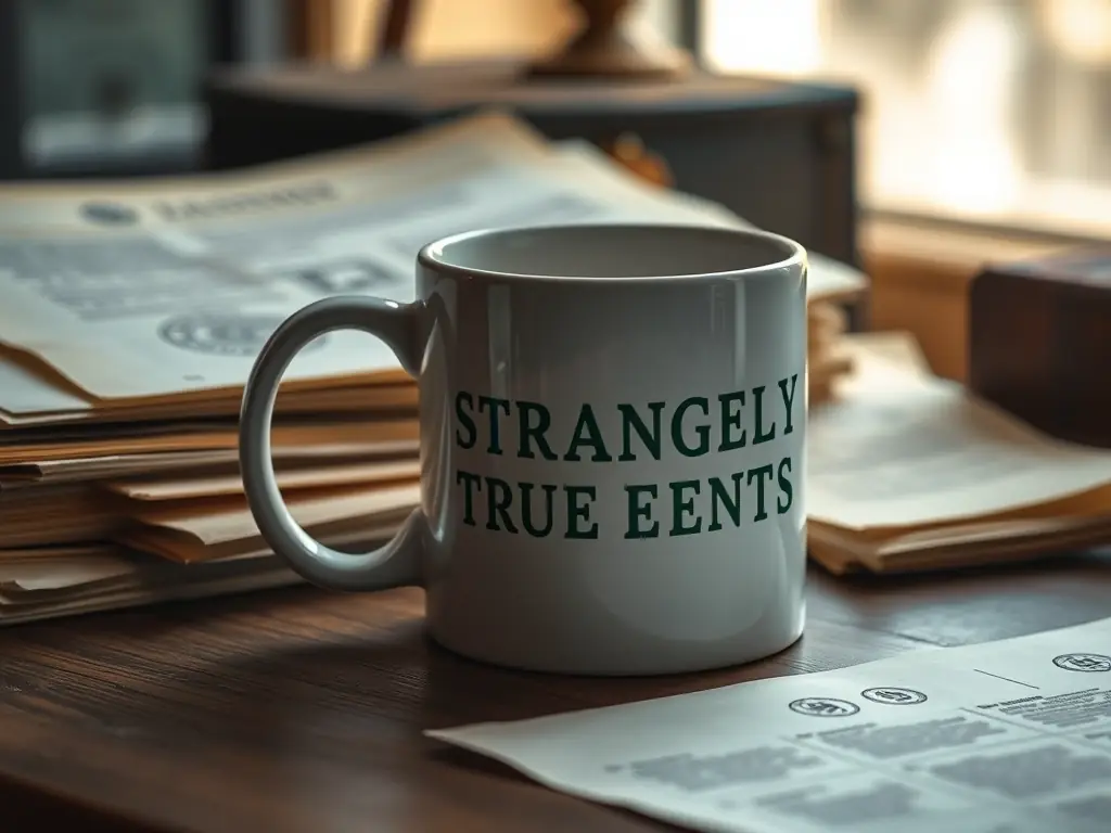 A visually appealing photograph of a Strangely True Events branded coffee mug with the platform's logo, placed on a desk next to a stack of declassified documents.