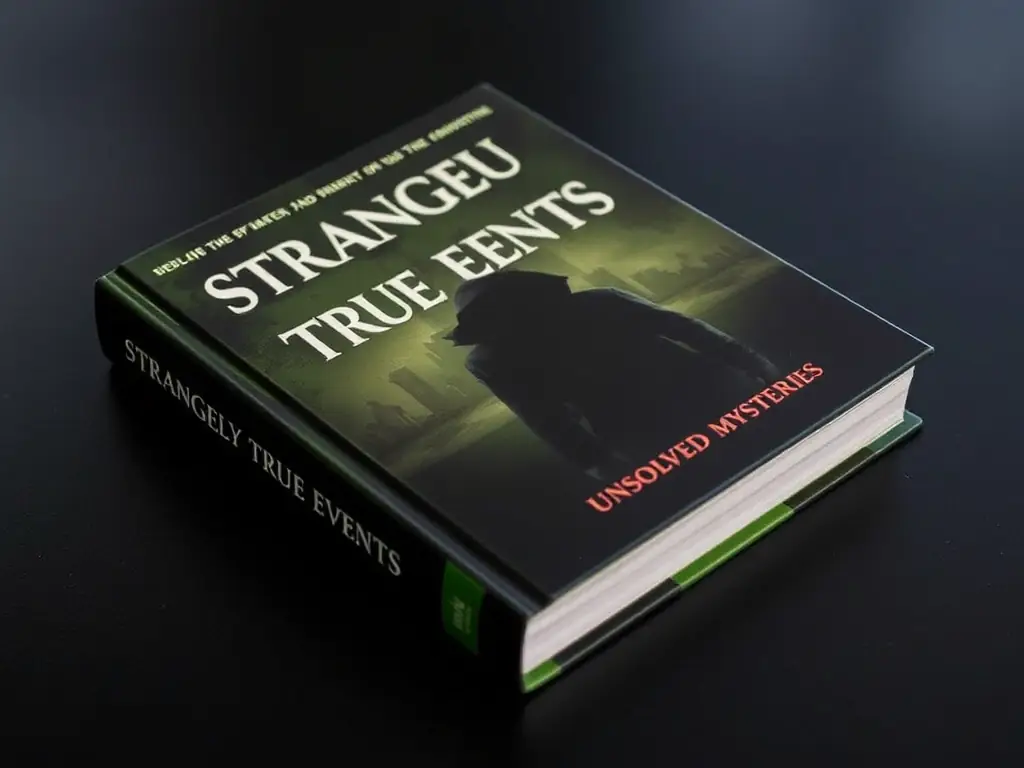 A captivating image of a hardcover book titled 'Strangely True Events: Unsolved Mysteries, ' featuring a shadowy figure on the cover and a military green accent color.