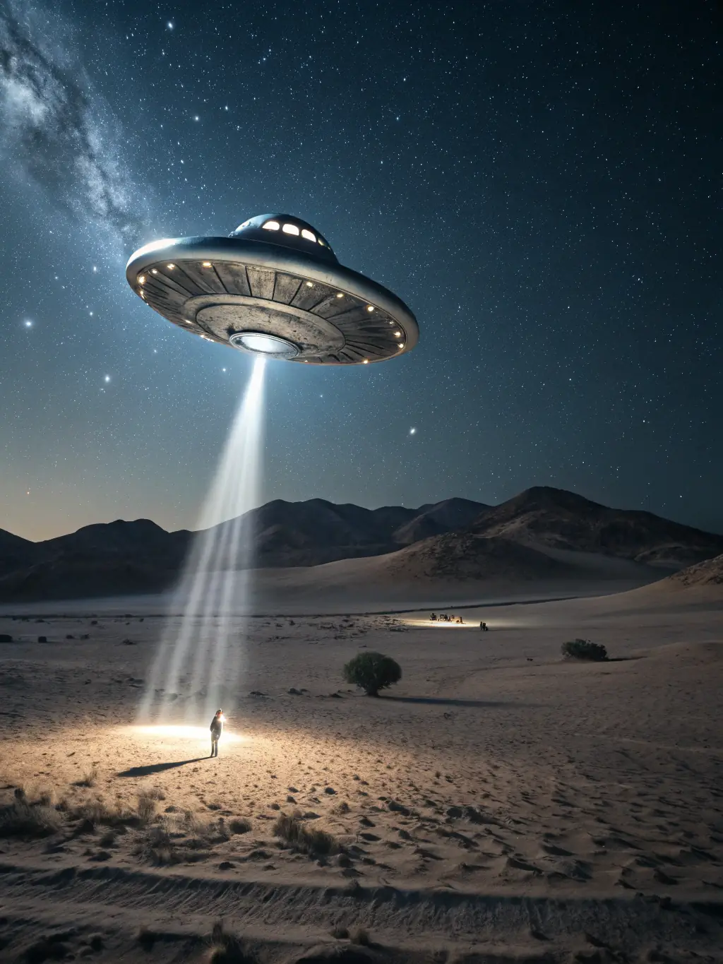 A documentary film poster featuring a UFO sighting in a remote desert location. The poster should have a vintage, grainy aesthetic to suggest authenticity.